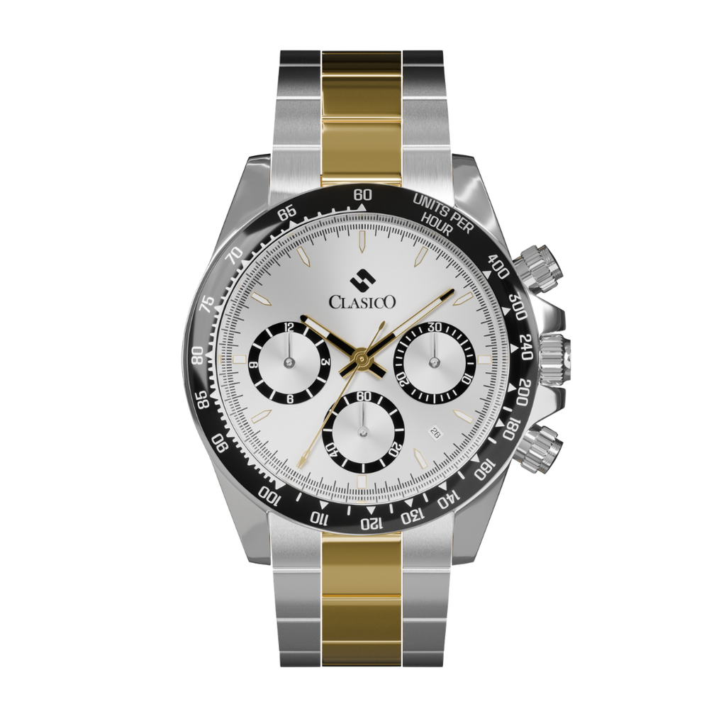 Clasicio Midnight Axis chronograph watch featuring a white and black dial with a two-tone stainless steel band.