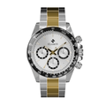 Clasicio Midnight Axis chronograph watch featuring a white and black dial with a two-tone stainless steel band.
