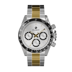 Clasicio Midnight Axis chronograph watch featuring a white and black dial with a two-tone stainless steel band.