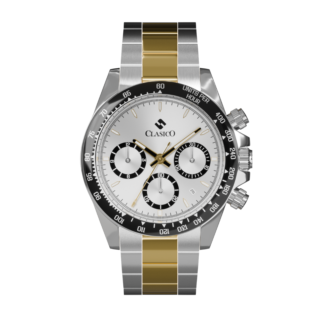 Clasicio Midnight Axis chronograph watch featuring a white and black dial with a two-tone stainless steel band.