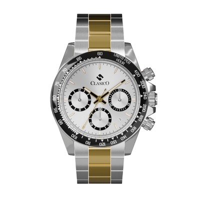 Clasicio Midnight Axis chronograph watch featuring a white and black dial with a two-tone stainless steel band.