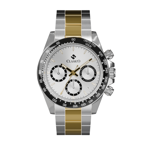 Clasicio Midnight Axis chronograph watch featuring a white and black dial with a two-tone stainless steel band.