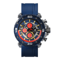 Clasicio Midnight Drift chronograph watch from the Obsidian Drive Collection, featuring a 42mm deep blue multi-dial face with bold red and yellow accents.
