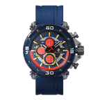 Clasicio Midnight Drift chronograph watch from the Obsidian Drive Collection, featuring a 42mm deep blue multi-dial face with bold red and yellow accents.