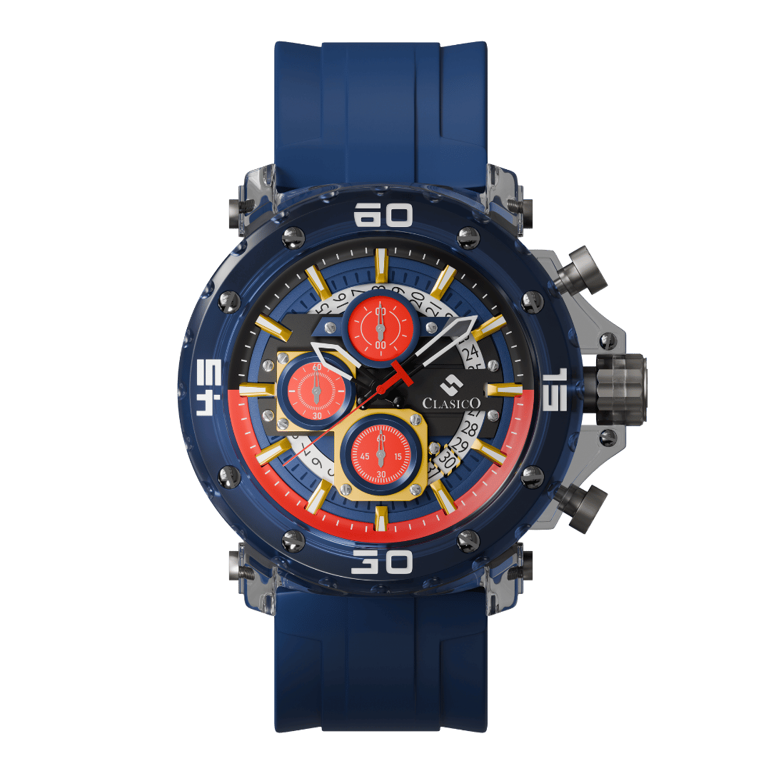 Clasicio Midnight Drift chronograph watch from the Obsidian Drive Collection, featuring a 42mm deep blue multi-dial face with bold red and yellow accents.