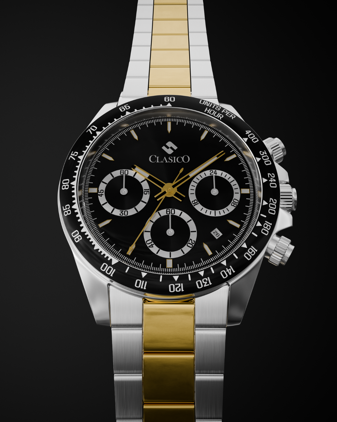 Clasicio Midnight Steel two-tone watch resting on polished black ground, creating a sleek, all-black composition.
