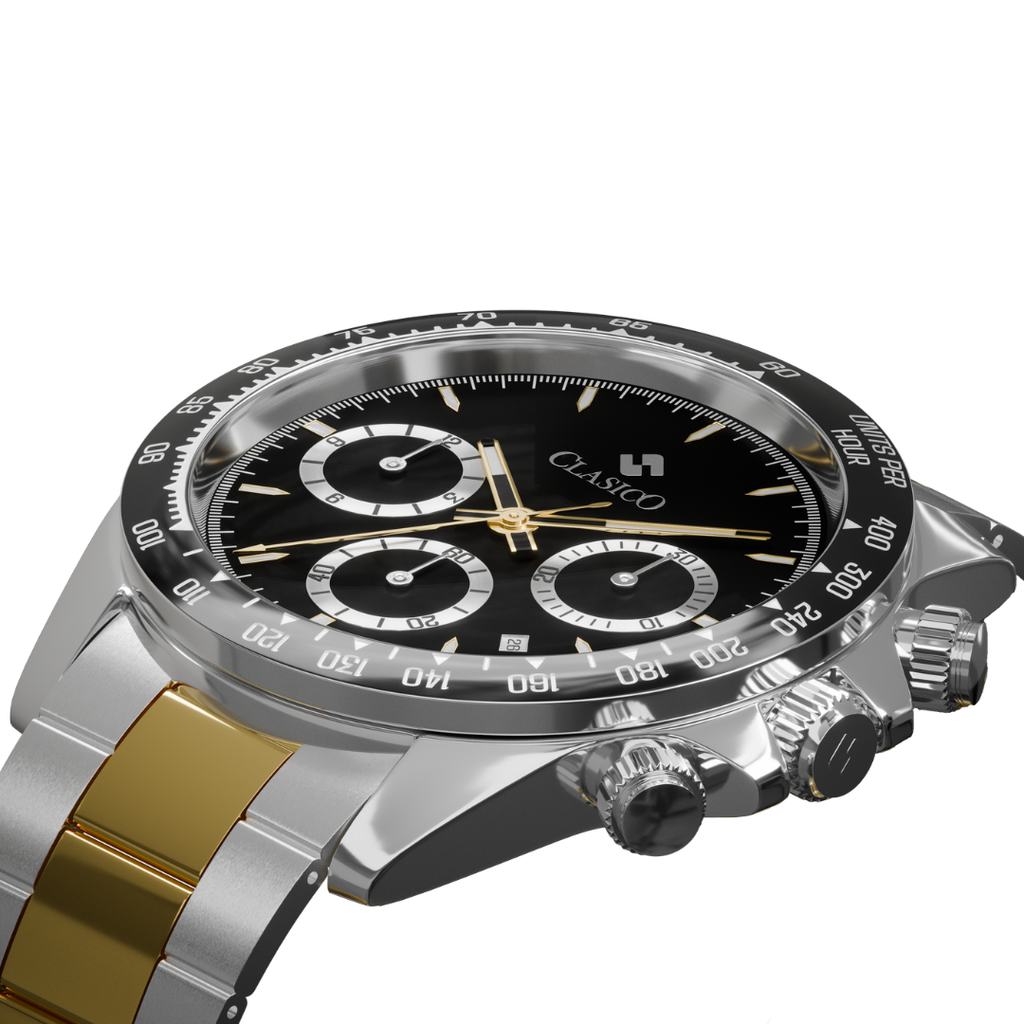 Clasicio Midnight Steel watch with premium stainless steel back cover and Elite Y121 caliber stopwatch movement.