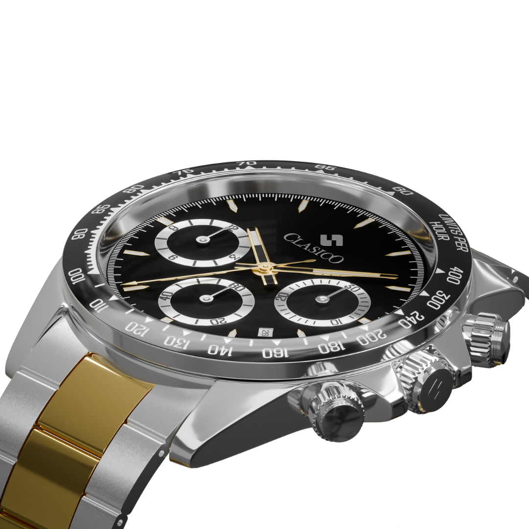 Clasicio Midnight Steel watch with premium stainless steel back cover and Elite Y121 caliber stopwatch movement.