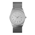 Clasicio Noor watch with a crisp white dial, silver Arabic numerals, and a premium silver stainless steel integrated band.