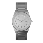 Clasicio Noor watch with a crisp white dial, silver Arabic numerals, and a premium silver stainless steel integrated band.