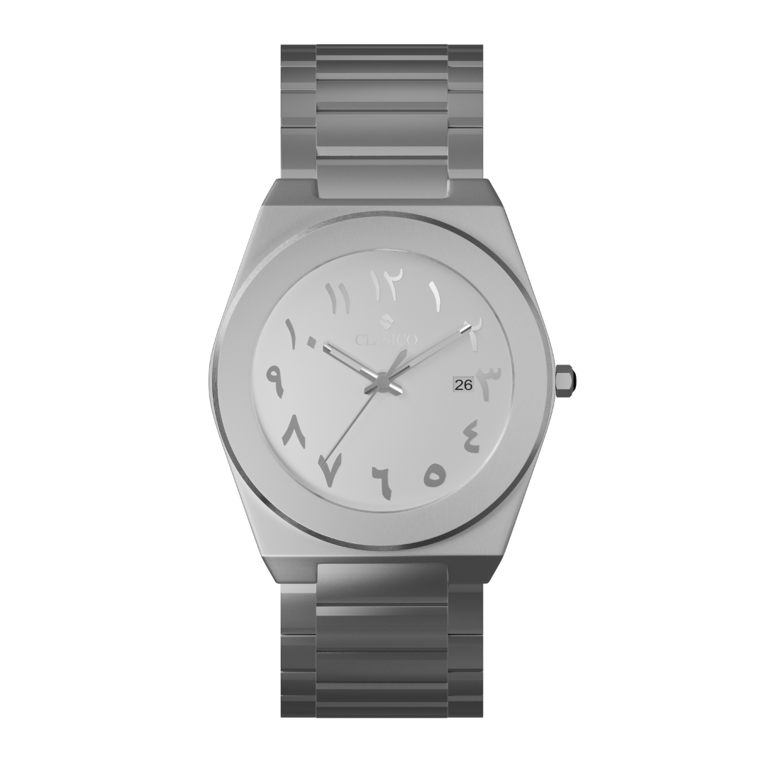 Clasicio Noor watch with a crisp white dial, silver Arabic numerals, and a premium silver stainless steel integrated band.