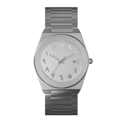 Clasicio Noor watch with a crisp white dial, silver Arabic numerals, and a premium silver stainless steel integrated band.