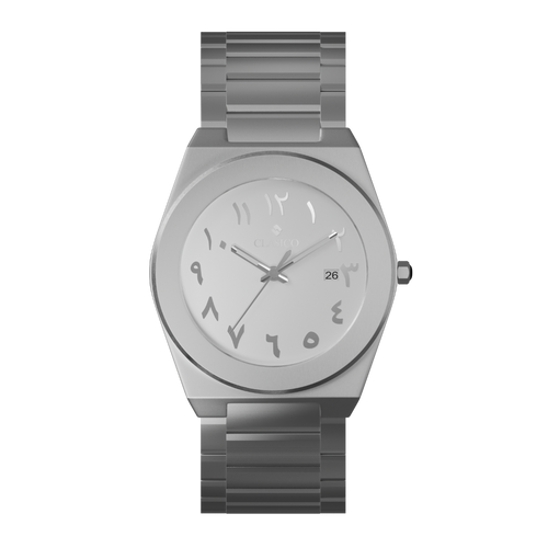 Clasicio Noor watch with a crisp white dial, silver Arabic numerals, and a premium silver stainless steel integrated band.