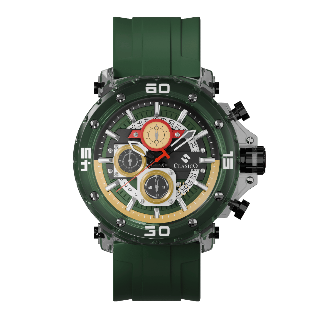 Clasicio Racing Verde chronograph watch from the Obsidian Drive Collection, featuring a 42mm multi-dial face with vibrant green and gold accents.
