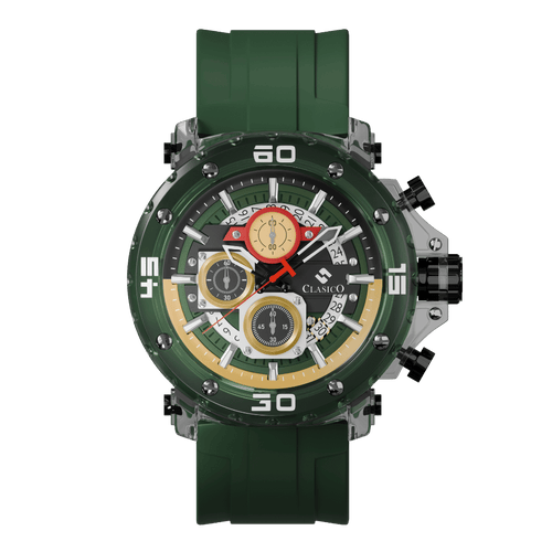 Clasicio Racing Verde chronograph watch from the Obsidian Drive Collection, featuring a 42mm multi-dial face with vibrant green and gold accents.