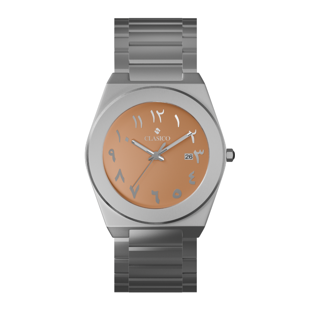 Clasicio Safra watch with a warm peach dial, silver Arabic numerals, and a silver stainless steel integrated band.
