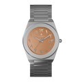 Clasicio Safra watch with a warm peach dial, silver Arabic numerals, and a silver stainless steel integrated band.