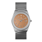 Clasicio Safra watch with a warm peach dial, silver Arabic numerals, and a silver stainless steel integrated band.