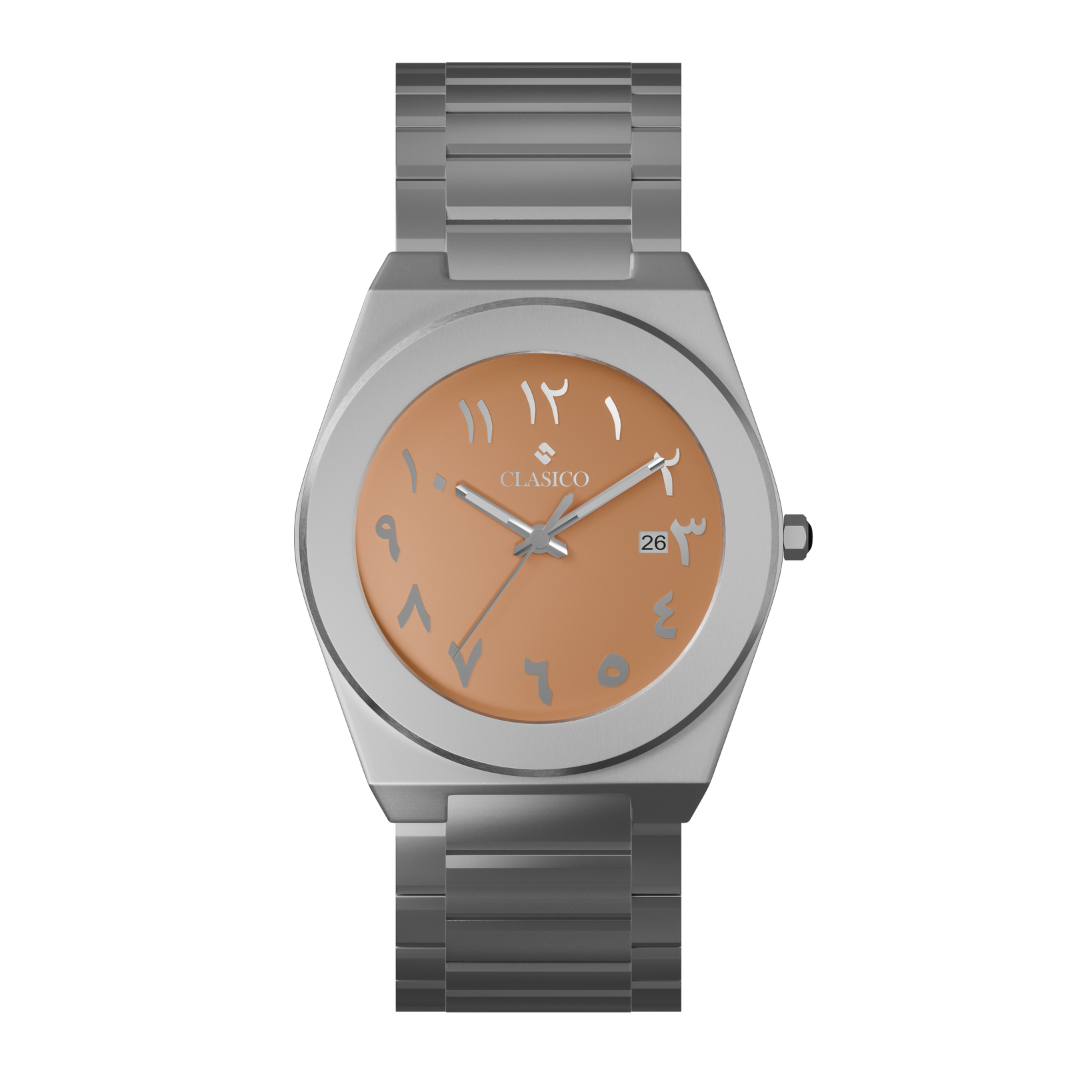 Clasicio Safra watch with a warm peach dial, silver Arabic numerals, and a silver stainless steel integrated band.
