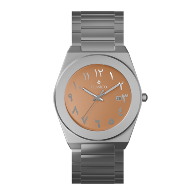 Clasicio Safra watch with a warm peach dial, silver Arabic numerals, and a silver stainless steel integrated band.