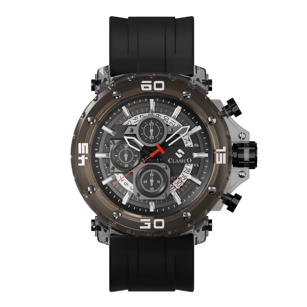 Clasicio Shadow Phantom chronograph watch from the Obsidian Drive Collection, featuring a 42mm all-black multi-dial face with silver accents.