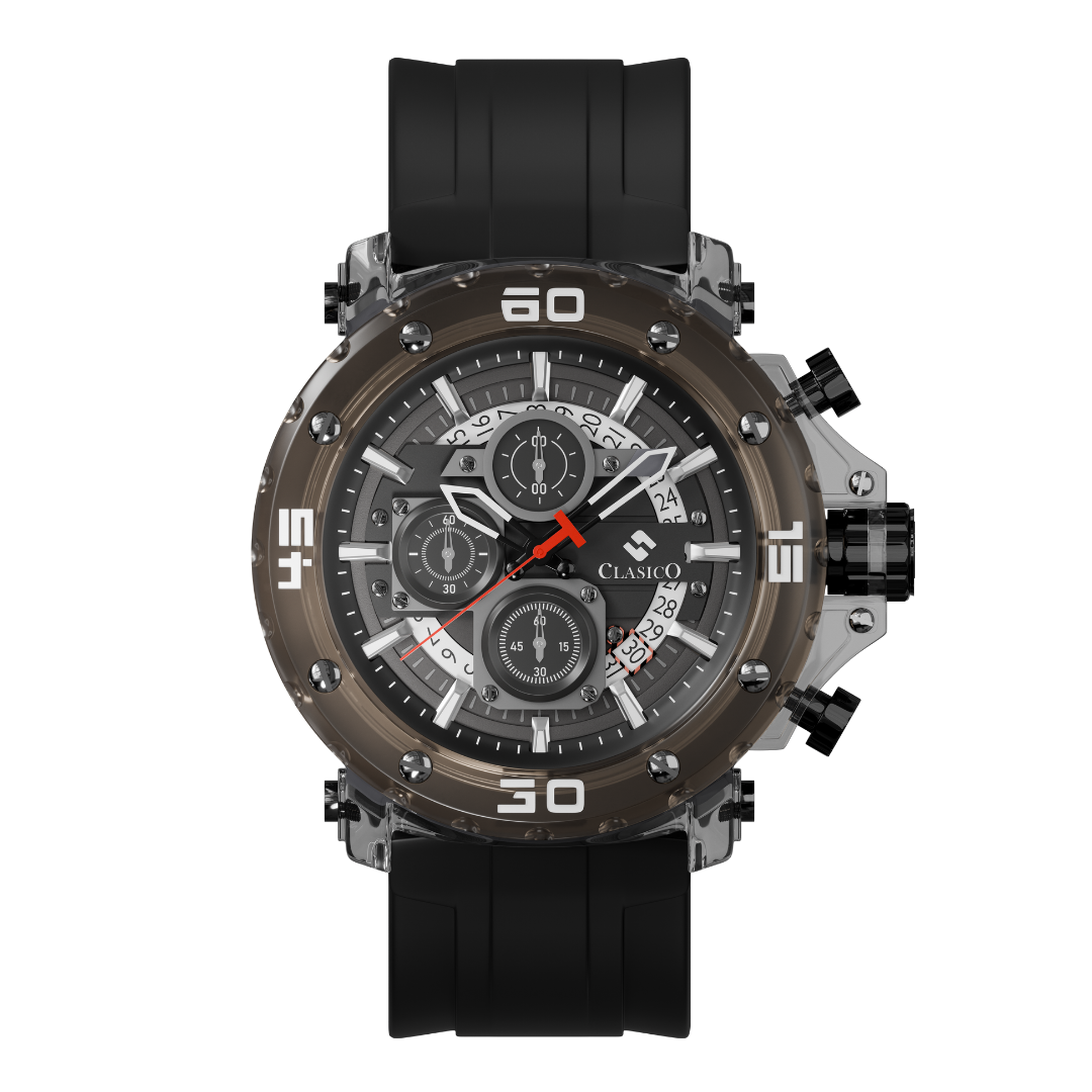 Clasicio Shadow Phantom chronograph watch from the Obsidian Drive Collection, featuring a 42mm all-black multi-dial face with silver accents.