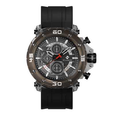 Clasicio Shadow Phantom chronograph watch from the Obsidian Drive Collection, featuring a 42mm all-black multi-dial face with silver accents.