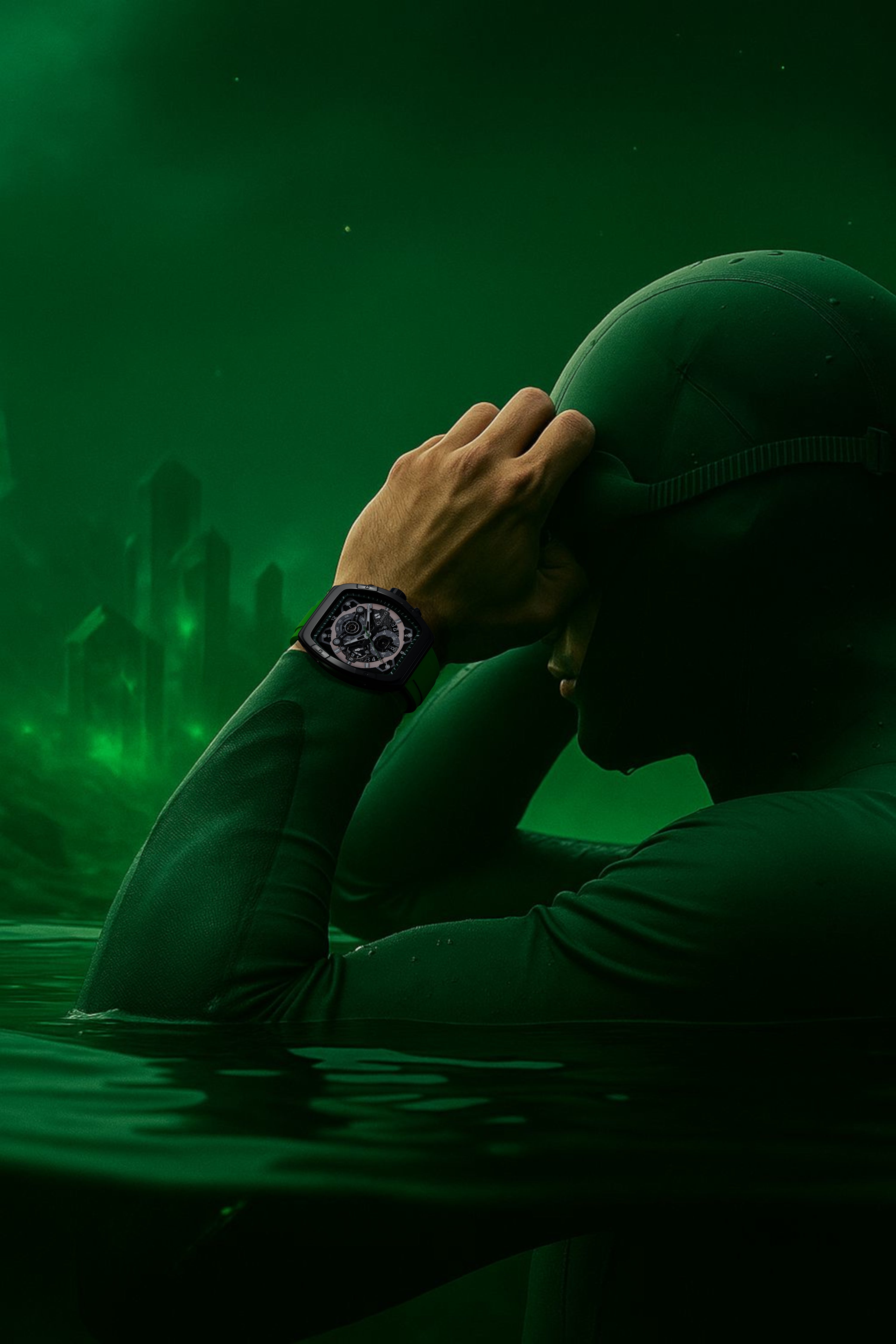 Clasicio Verde Mist luxury watch displayed on a textured yacht deck alongside high-end travel accessories, emphasizing its water-resistant durability and nautical elegance.