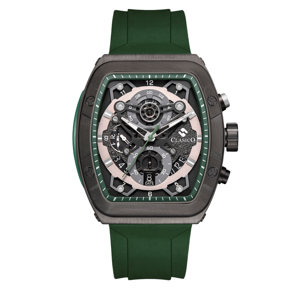 Clasicio Verde Mist luxury watch featuring a sleek square silver case with a forest green dial and matching green silicone strap.