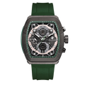 Clasicio Verde Mist luxury watch featuring a sleek square silver case with a forest green dial and matching green silicone strap.