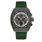 Clasicio Verde Mist luxury watch featuring a sleek square silver case with a forest green dial and matching green silicone strap.