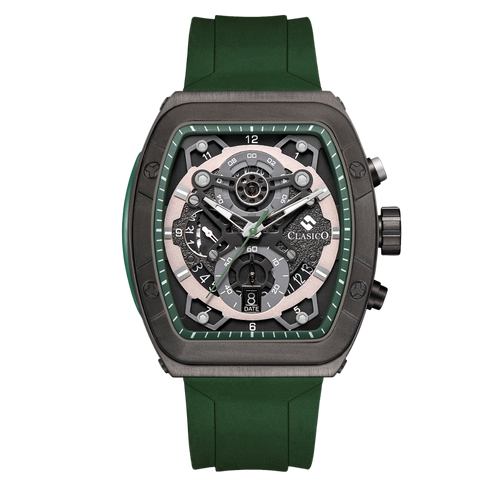 Clasicio Verde Mist luxury watch featuring a sleek square silver case with a forest green dial and matching green silicone strap.