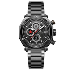 Clasicio Vortex Black chronograph watch from the Vortex Collection, featuring a sleek black dial and matching midnight steel stainless steel bracelet.