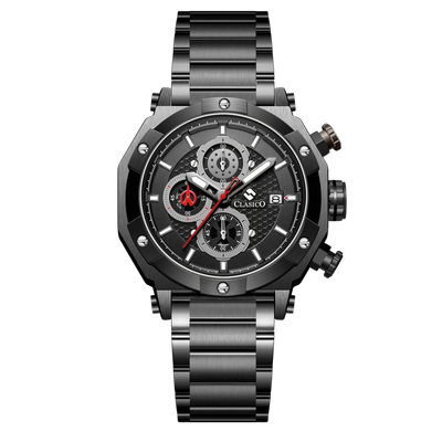 Clasicio Vortex Black chronograph watch from the Vortex Collection, featuring a sleek black dial and matching midnight steel stainless steel bracelet.