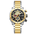 Clasicio Vortex Gold luxury chronograph watch featuring a 42mm black and gold-tone dial with a premium stainless steel link strap.