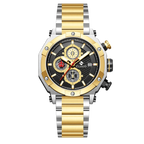Clasicio Vortex Gold luxury chronograph watch featuring a 42mm black and gold-tone dial with a premium stainless steel link strap.
