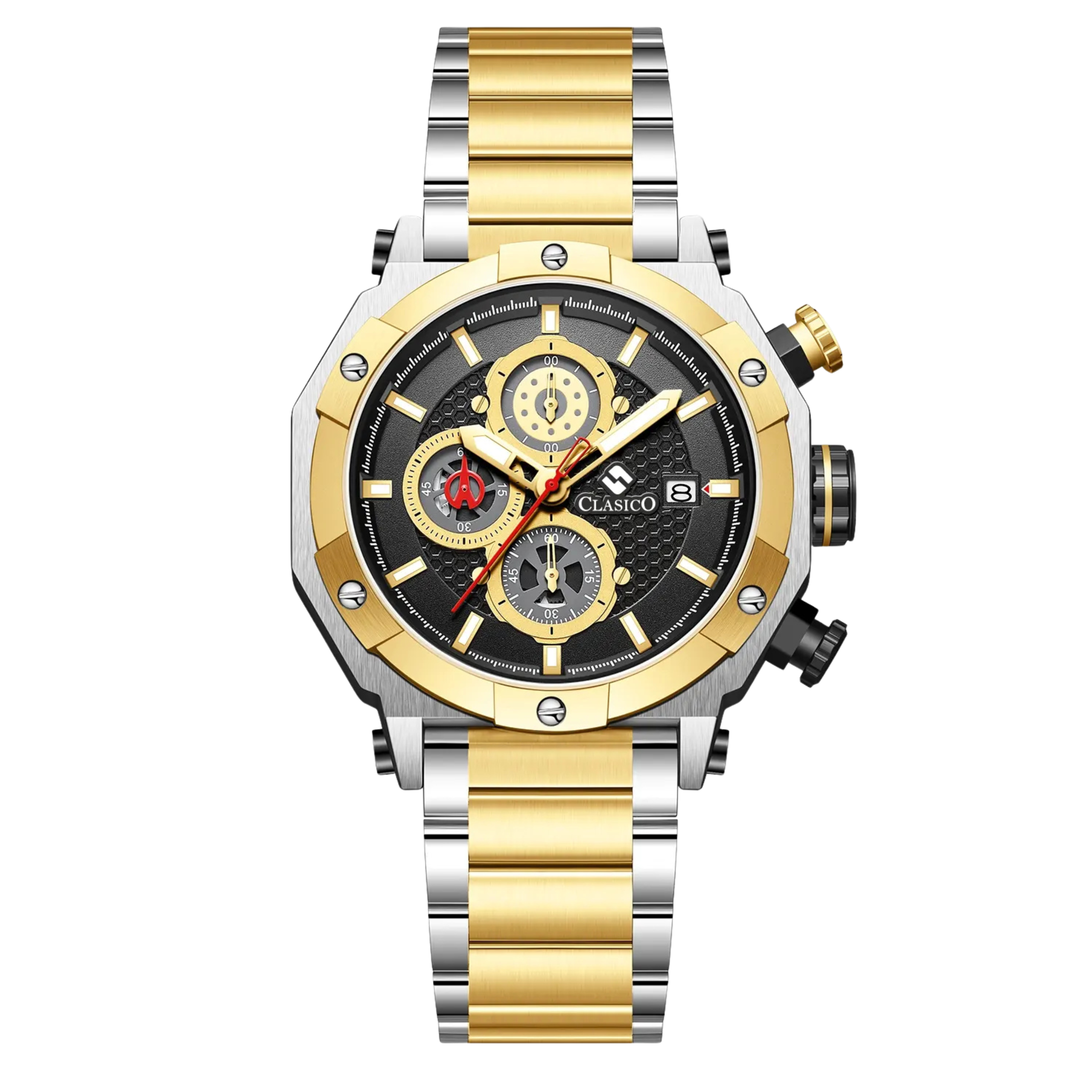 Clasicio Vortex Gold luxury chronograph watch featuring a 42mm black and gold-tone dial with a premium stainless steel link strap.