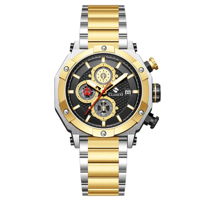 Clasicio Vortex Gold luxury chronograph watch featuring a 42mm black and gold-tone dial with a premium stainless steel link strap.