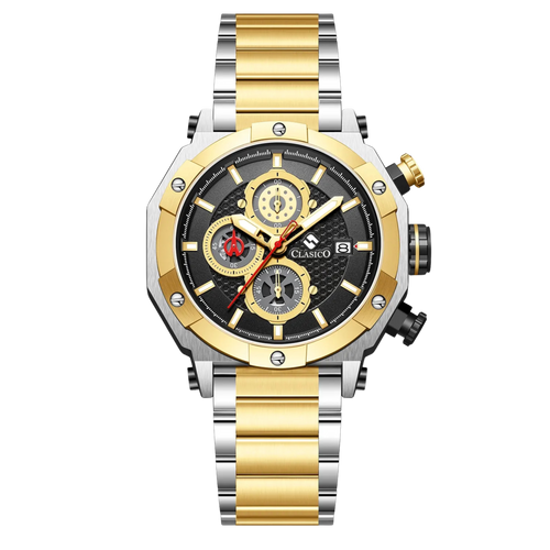 Clasicio Vortex Gold luxury chronograph watch featuring a 42mm black and gold-tone dial with a premium stainless steel link strap.