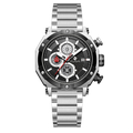 Clasicio Vortex Silver chronograph watch from the Vortex Collection, featuring a bold black dial and premium silver stainless steel link bracelet.
