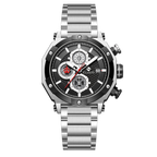 Clasicio Vortex Silver chronograph watch from the Vortex Collection, featuring a bold black dial and premium silver stainless steel link bracelet.
