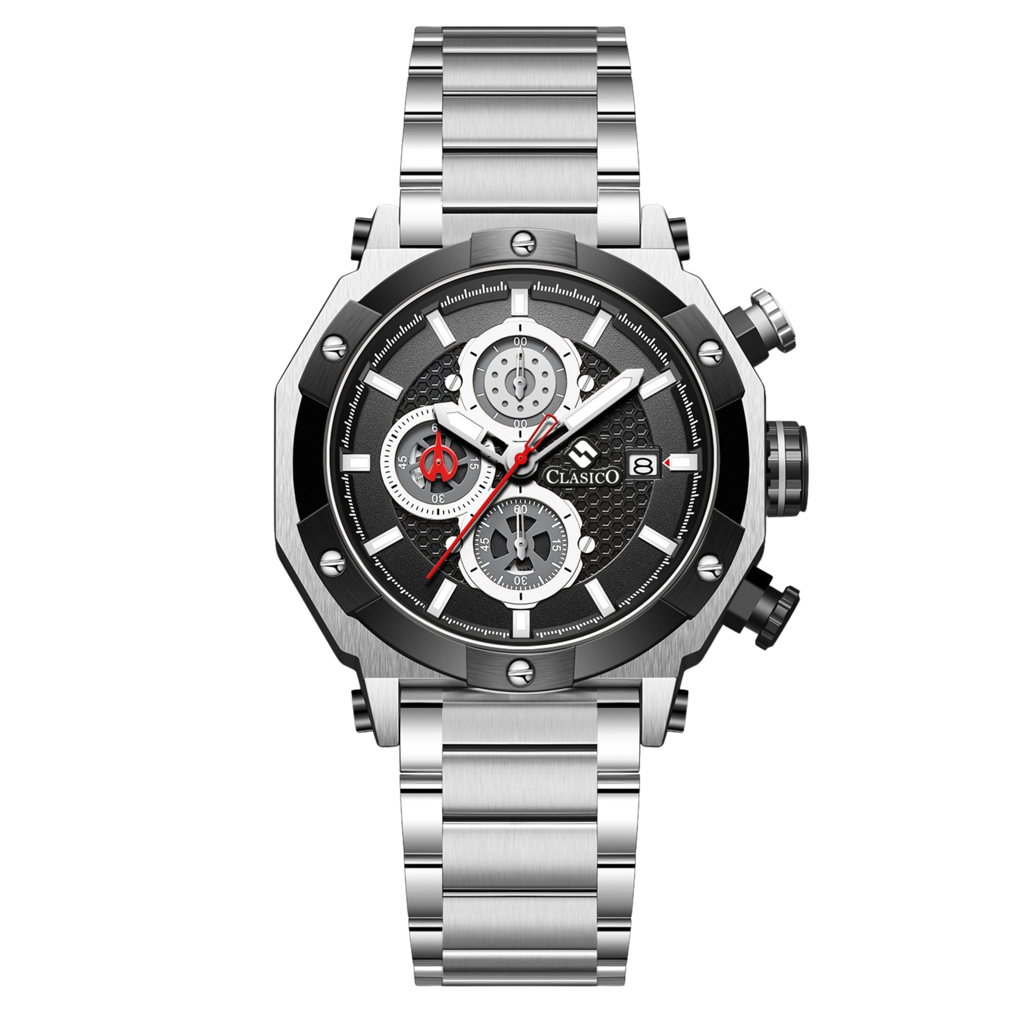 Clasicio Vortex Silver chronograph watch from the Vortex Collection, featuring a bold black dial and premium silver stainless steel link bracelet.