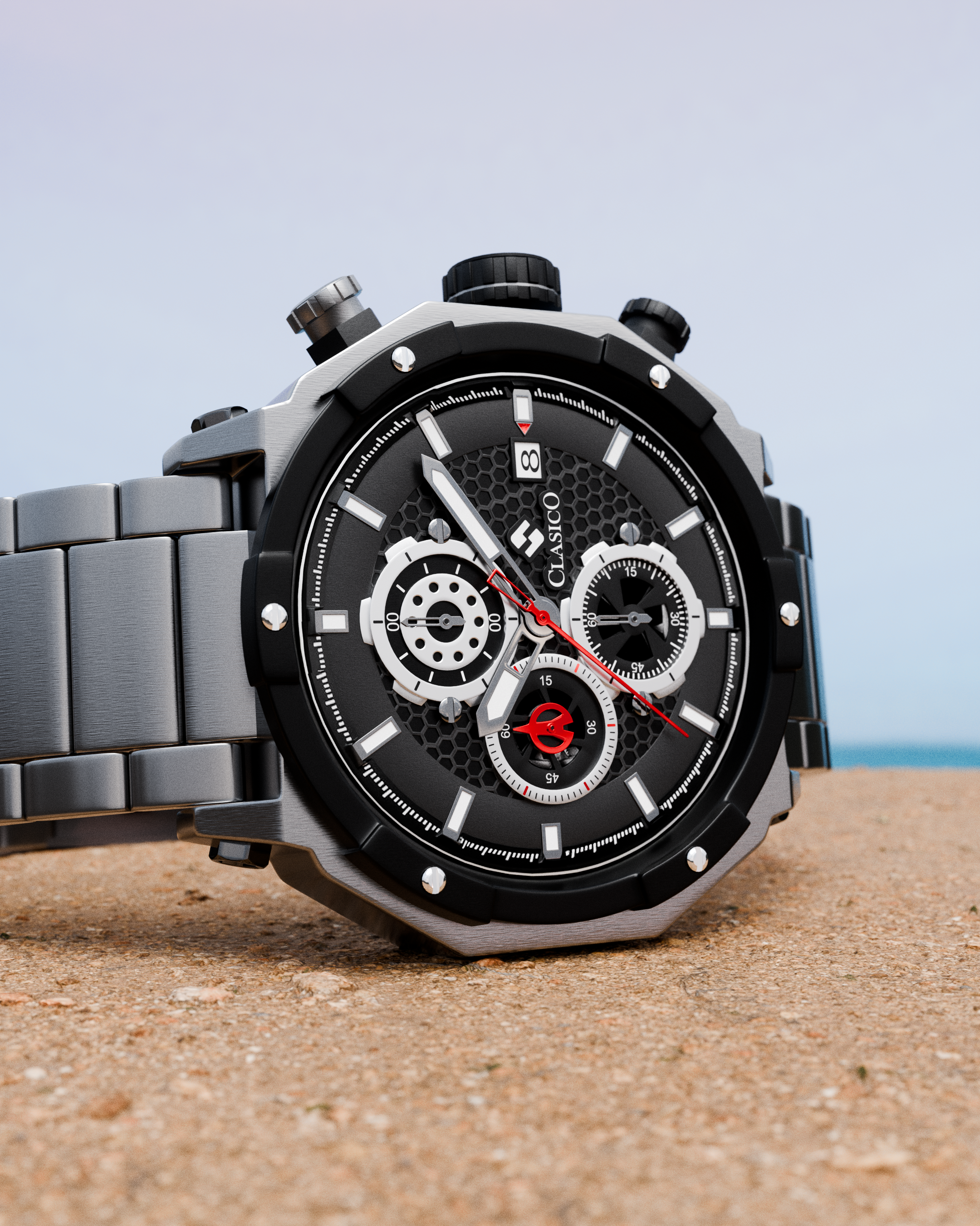 Clasicio Vortex Silver watch displayed on a sunny beach background, demonstrating its water-resistant capability and adventurous spirit.