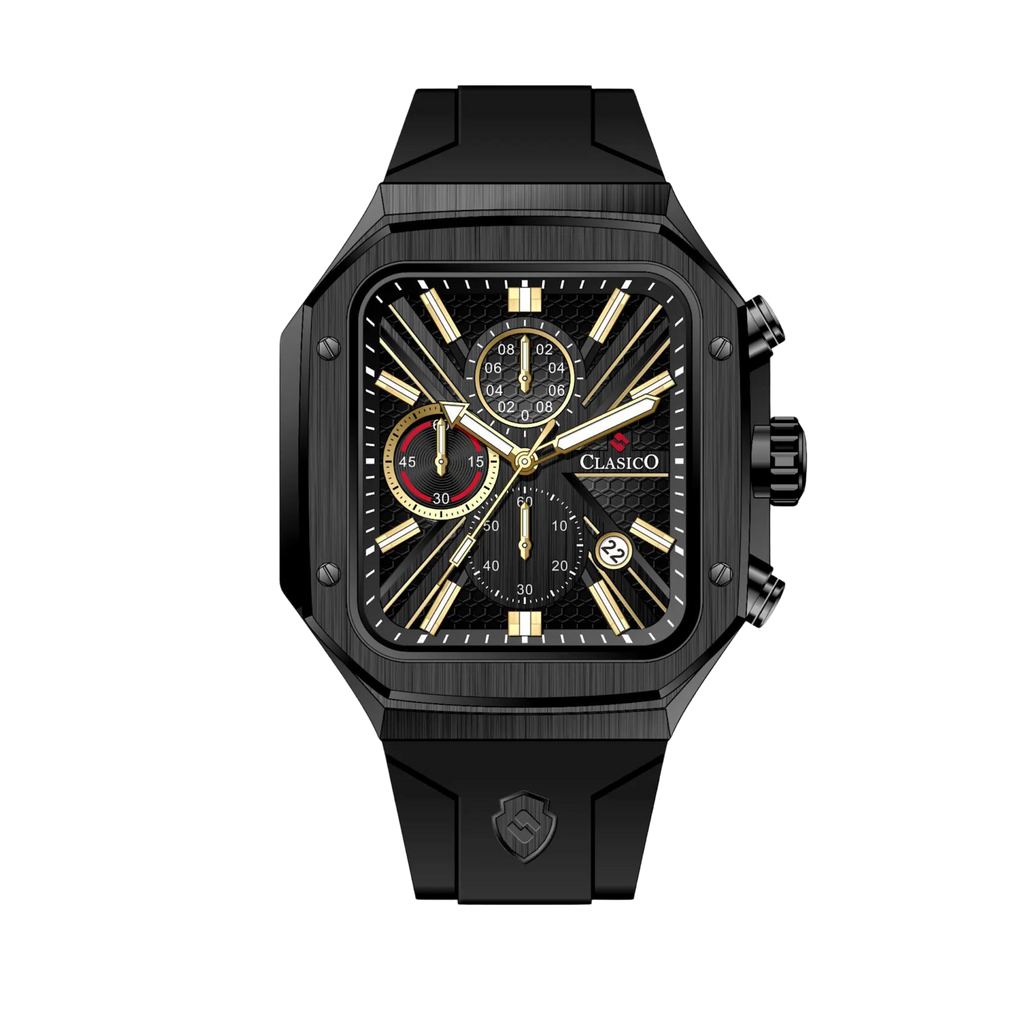 Clasicio Zypher Black chronograph watch featuring a modern square face with an all-black dial and premium black silicone strap.