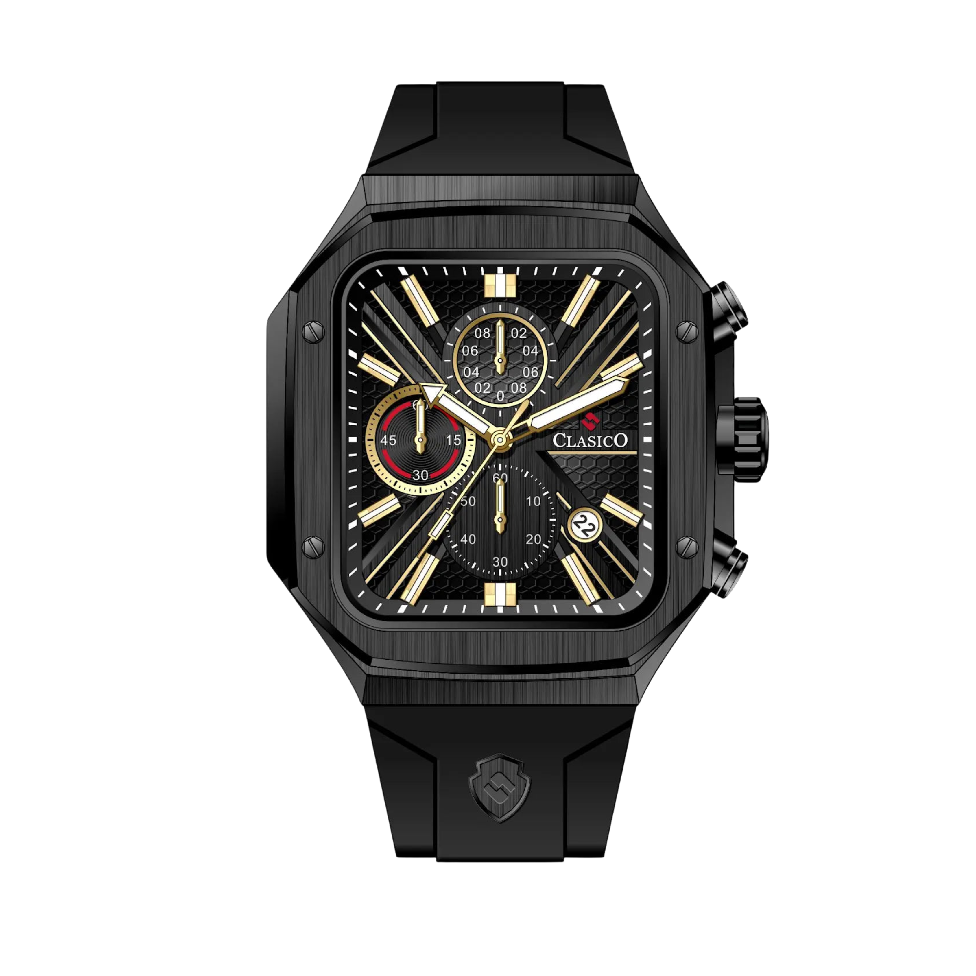 Clasicio Zypher Black chronograph watch featuring a modern square face with an all-black dial and premium black silicone strap.