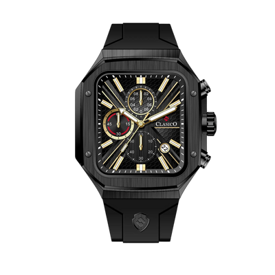 Clasicio Zypher Black chronograph watch featuring a modern square face with an all-black dial and premium black silicone strap.