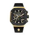 Clasicio Zypher Gold chronograph watch featuring a modern square black and gold dial with a premium black silicone strap.