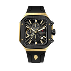 Clasicio Zypher Gold chronograph watch featuring a modern square black and gold dial with a premium black silicone strap.