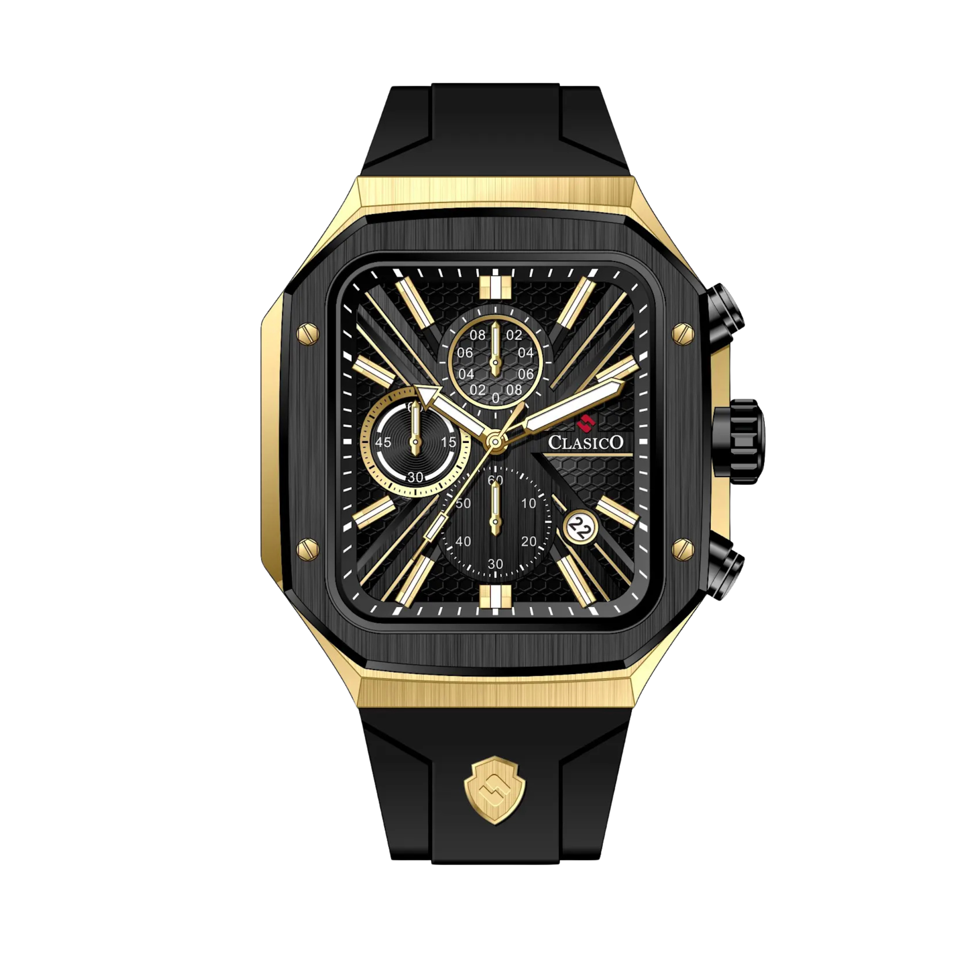 Clasicio Zypher Gold chronograph watch featuring a modern square black and gold dial with a premium black silicone strap.
