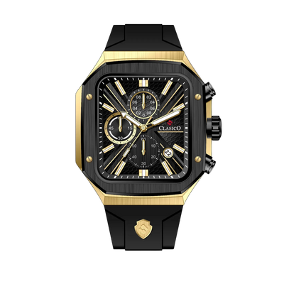 Clasicio Zypher Gold chronograph watch featuring a modern square black and gold dial with a premium black silicone strap.